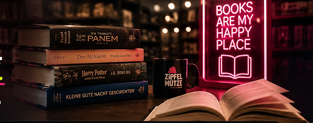 Atmosphärische Bücherwelt mit gestapelten Büchern
