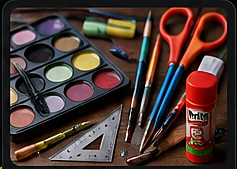 Farben, Pinsel, Scheren und Bastelbedarf